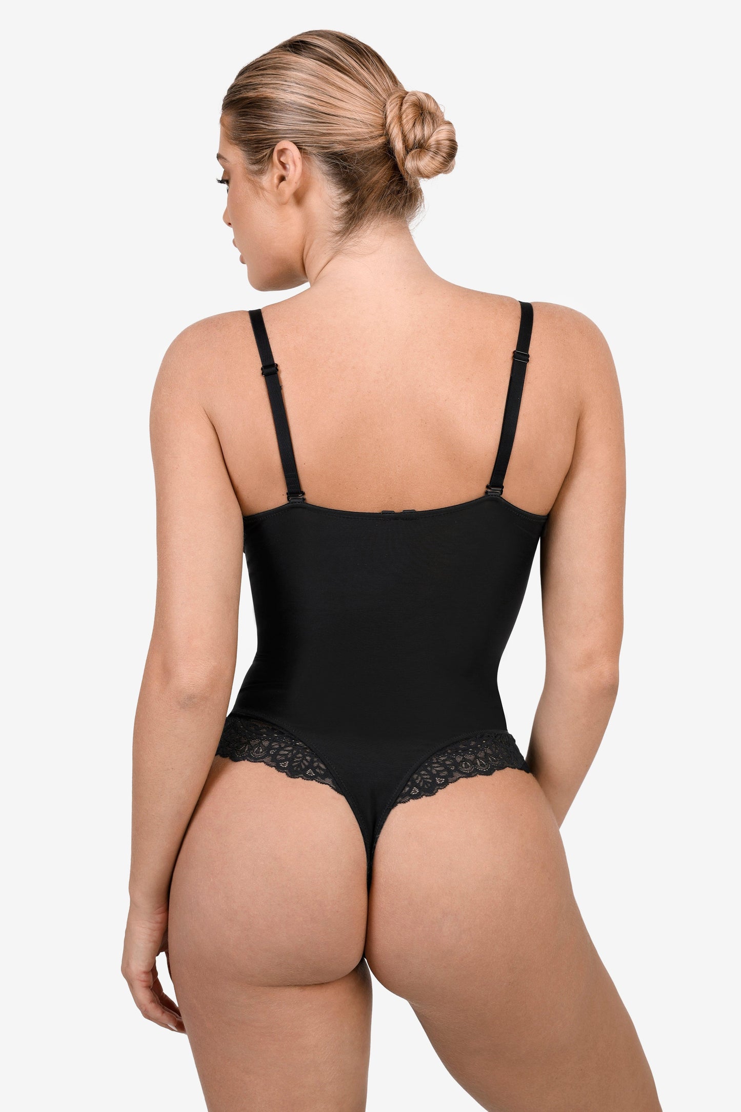 Deep-V Neck Lace Shapewear Bodysuit Leather Midi Skirt Set