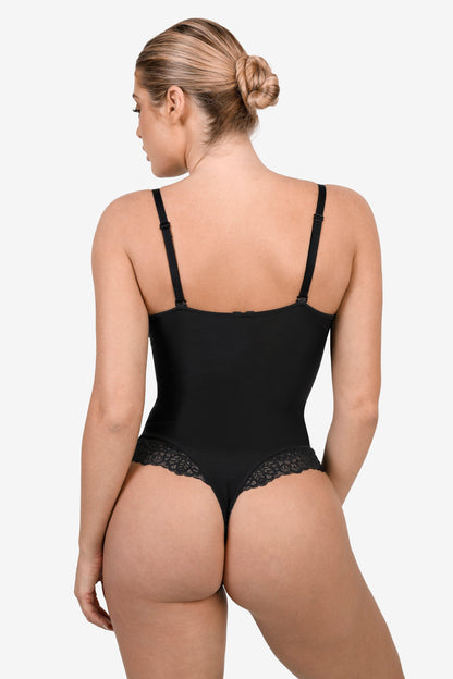 Deep-V Neck Lace Shapewear Bodysuit Leather Midi Skirt Set