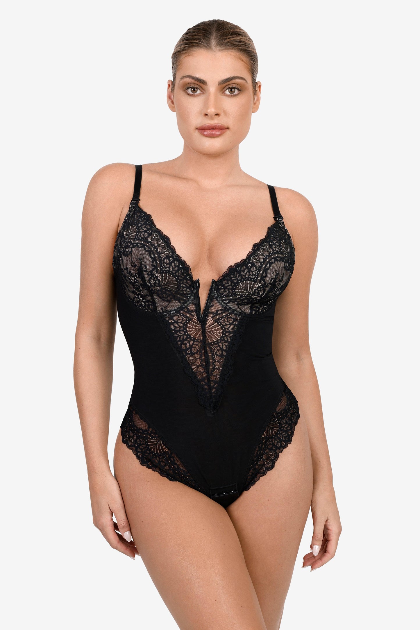 Deep-V Neck Lace Shapewear Bodysuit Leather Midi Skirt Set