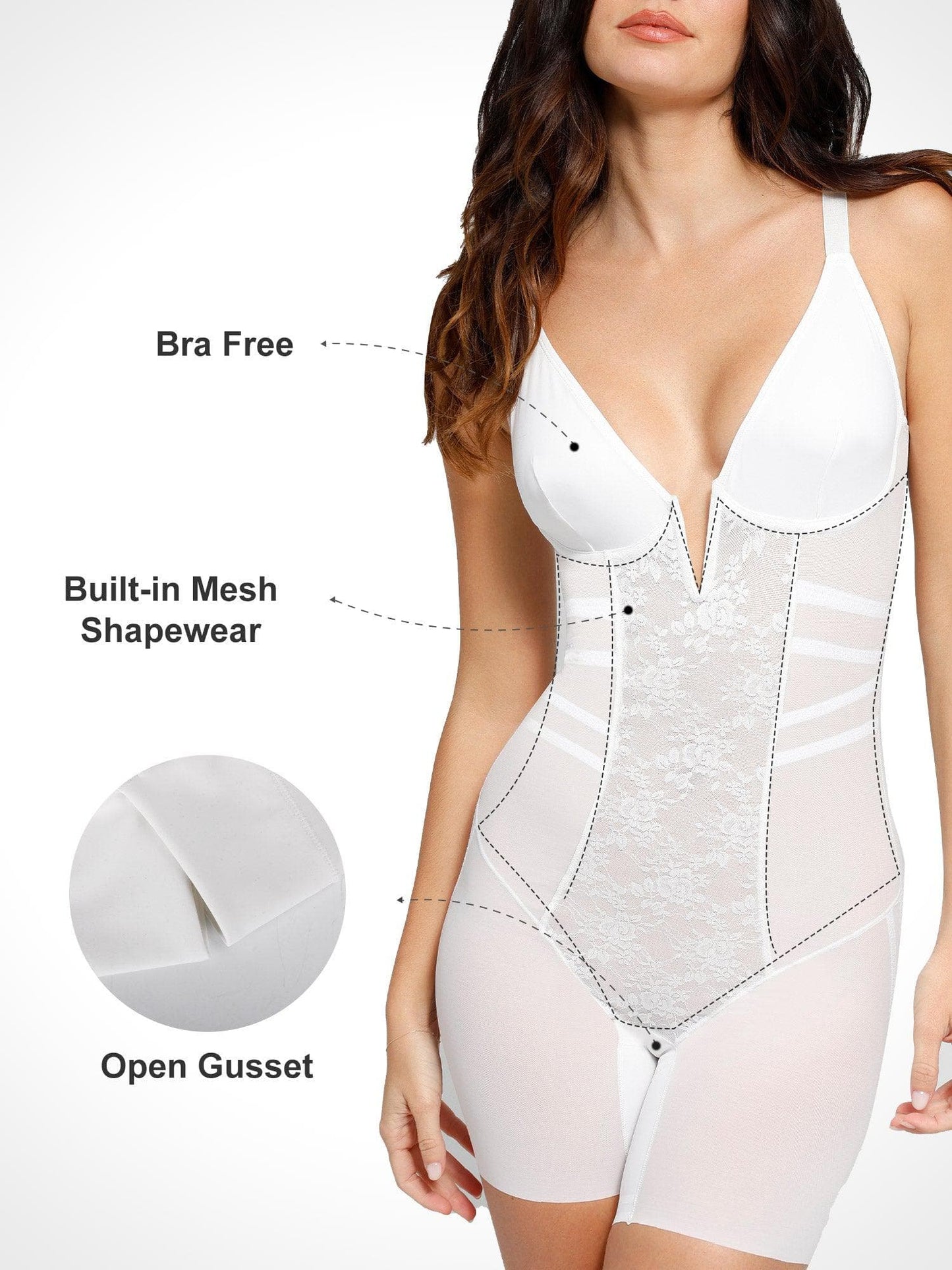 Shapewear Lace Deep V-Neck Tummy Control Mid-Thigh Bodysuit