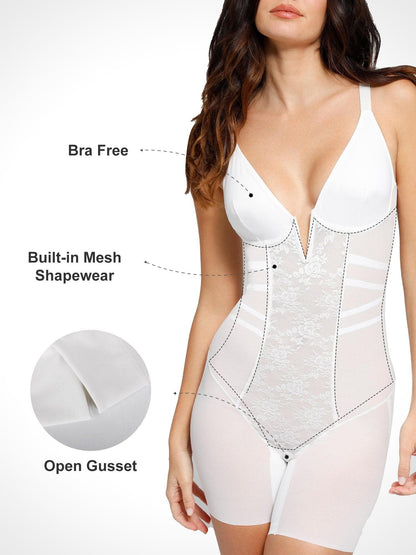 Shapewear Lace Deep V-Neck Tummy Control Mid-Thigh Bodysuit