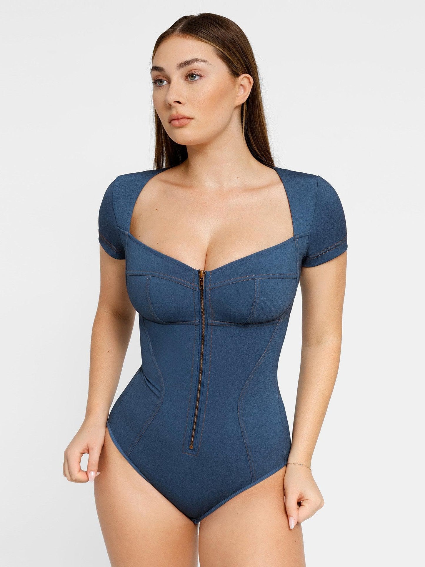 Body amincissant à manches courtes en jean Shapewear