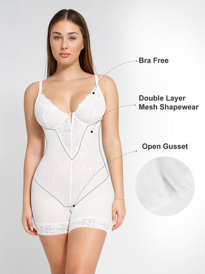 Shapewear Lace Deep V-Neck Sculpting Mid-Thigh Bodysuit