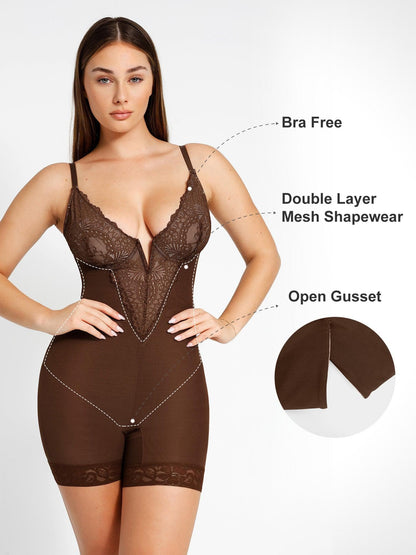 Shapewear Lace Deep V-Neck Sculpting Mid-Thigh Bodysuit