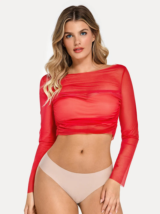 Long Sleeve Ruched Sheer Mesh Crop Top