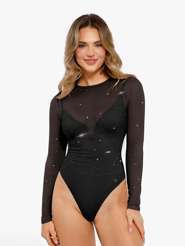 Sequin Cowl Neck Chain Detail Sculpting Bodysuit