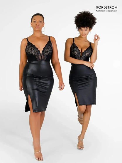Deep-V Neck Lace Shapewear Bodysuit Leather Midi Skirt Set