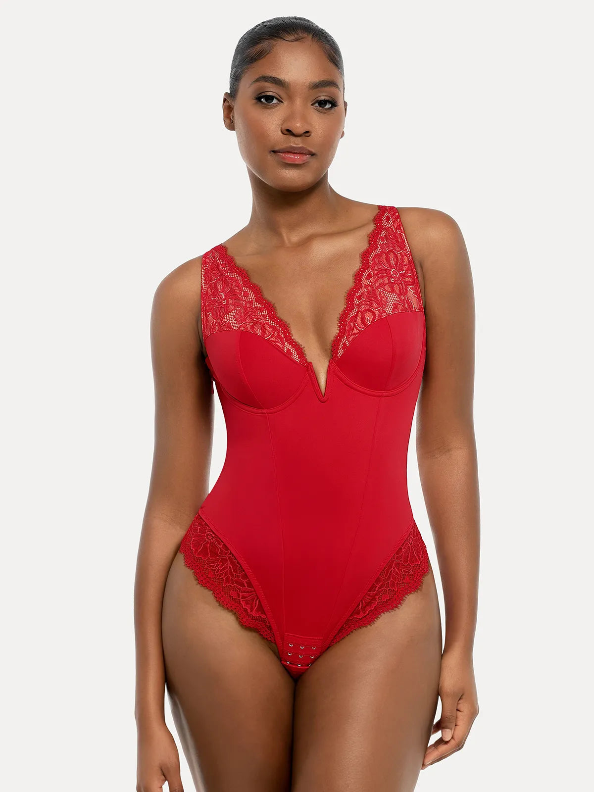 Shapewear Deep V-Neck Sculpting Lace Inset Bodysuit