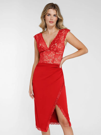 Ensemble body sculptant en dentelle gainant avec jupe mi-longue amincissante